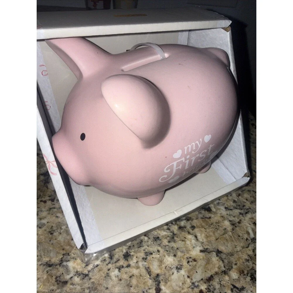 My First Piggy Bank Pink Coin Bank With Flowers Child’s Ceramic 8” X 6” Complete